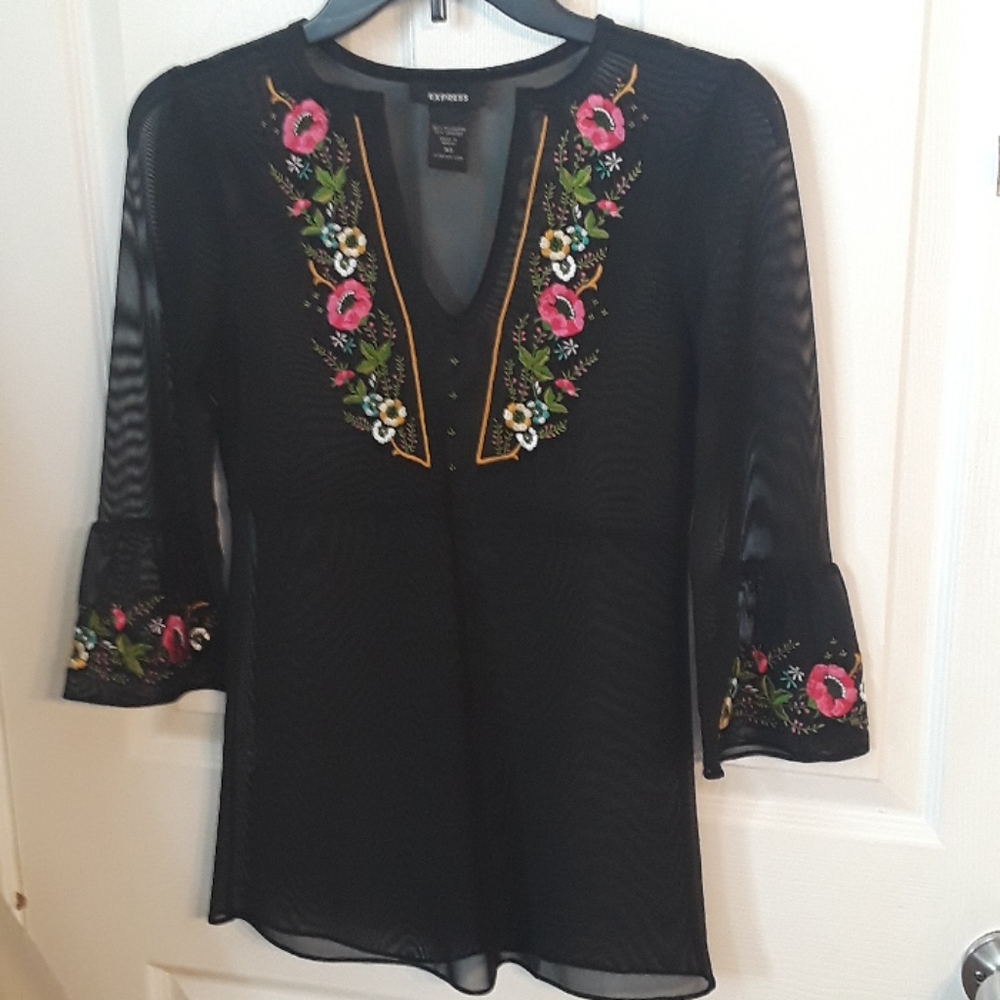 Y2K Express floral Mesh embroidered split V neck top high quality! See through